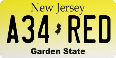 NJ license plate A34RED