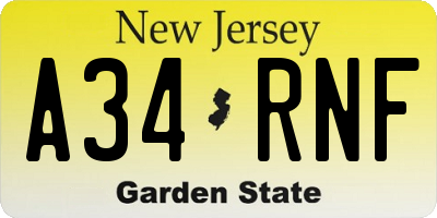 NJ license plate A34RNF