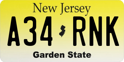NJ license plate A34RNK
