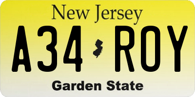 NJ license plate A34ROY