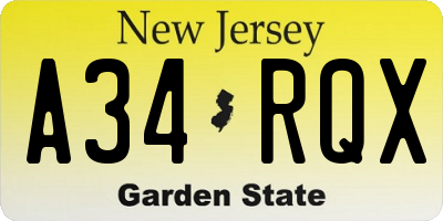 NJ license plate A34RQX