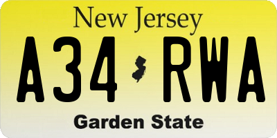 NJ license plate A34RWA