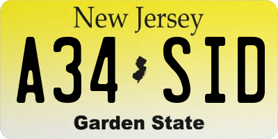 NJ license plate A34SID
