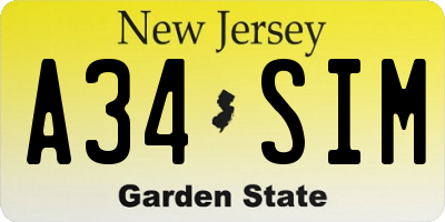 NJ license plate A34SIM