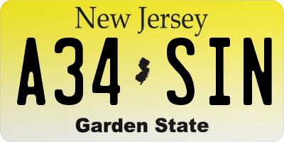 NJ license plate A34SIN