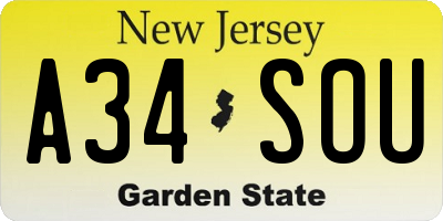 NJ license plate A34SOU