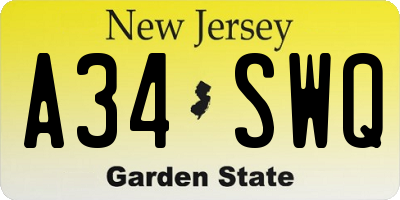 NJ license plate A34SWQ