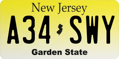 NJ license plate A34SWY