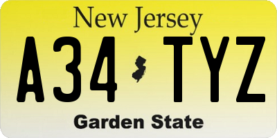 NJ license plate A34TYZ