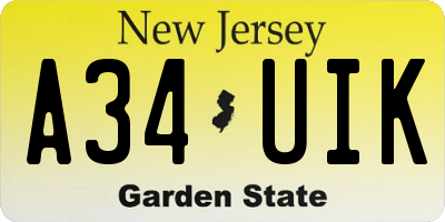 NJ license plate A34UIK