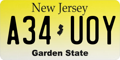 NJ license plate A34UOY