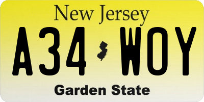 NJ license plate A34WOY