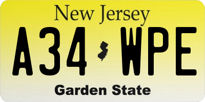NJ license plate A34WPE