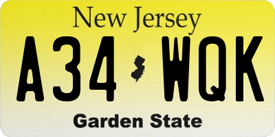 NJ license plate A34WQK