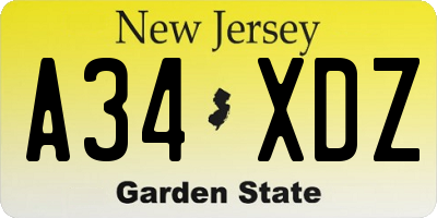 NJ license plate A34XDZ