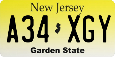 NJ license plate A34XGY