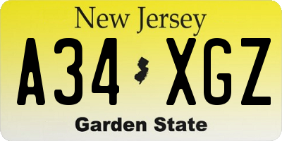 NJ license plate A34XGZ