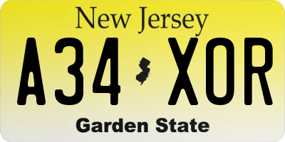 NJ license plate A34XOR