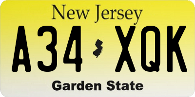 NJ license plate A34XQK