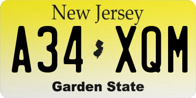 NJ license plate A34XQM