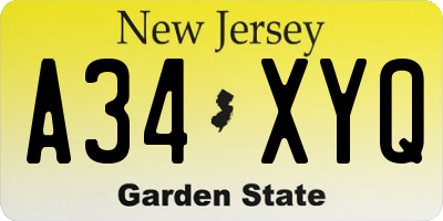 NJ license plate A34XYQ
