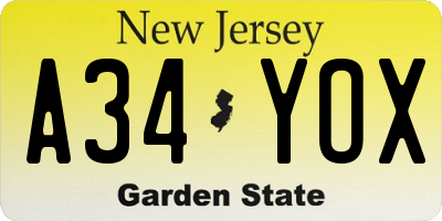 NJ license plate A34YOX
