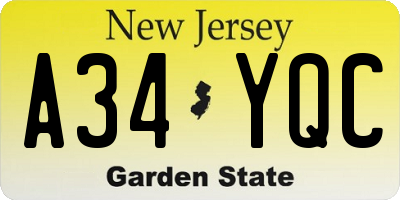 NJ license plate A34YQC