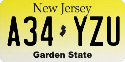 NJ license plate A34YZU