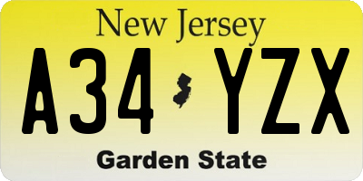 NJ license plate A34YZX