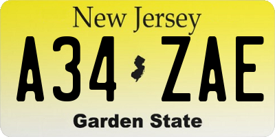 NJ license plate A34ZAE
