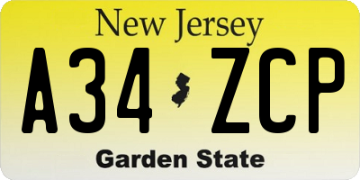 NJ license plate A34ZCP
