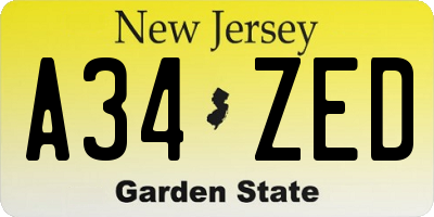 NJ license plate A34ZED