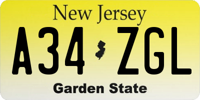 NJ license plate A34ZGL