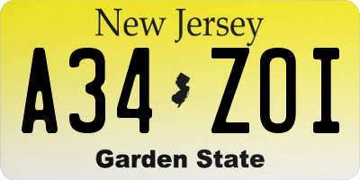 NJ license plate A34ZOI