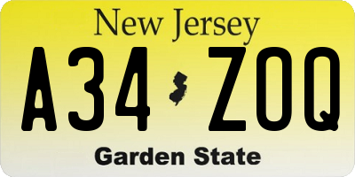 NJ license plate A34ZOQ