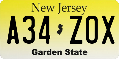 NJ license plate A34ZOX