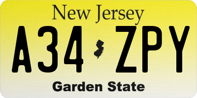 NJ license plate A34ZPY