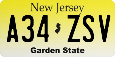 NJ license plate A34ZSV
