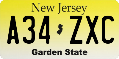NJ license plate A34ZXC