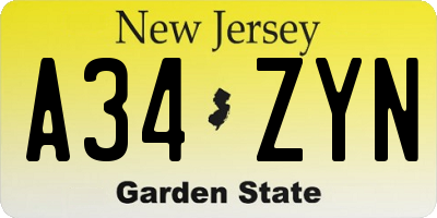 NJ license plate A34ZYN