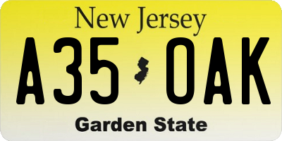 NJ license plate A35OAK