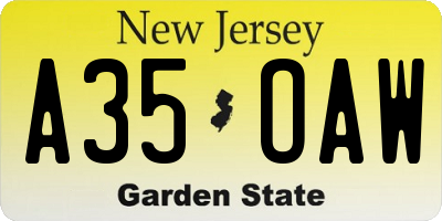 NJ license plate A35OAW