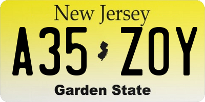 NJ license plate A35ZOY