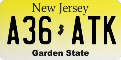 NJ license plate A36ATK