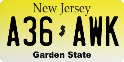 NJ license plate A36AWK