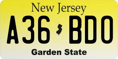 NJ license plate A36BDO
