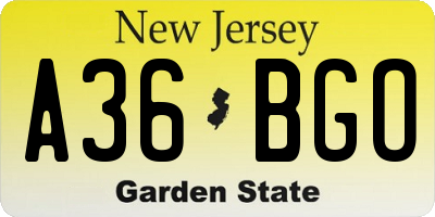 NJ license plate A36BGO