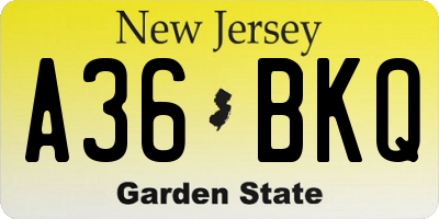 NJ license plate A36BKQ