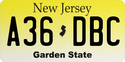 NJ license plate A36DBC