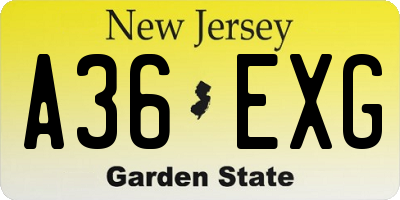 NJ license plate A36EXG